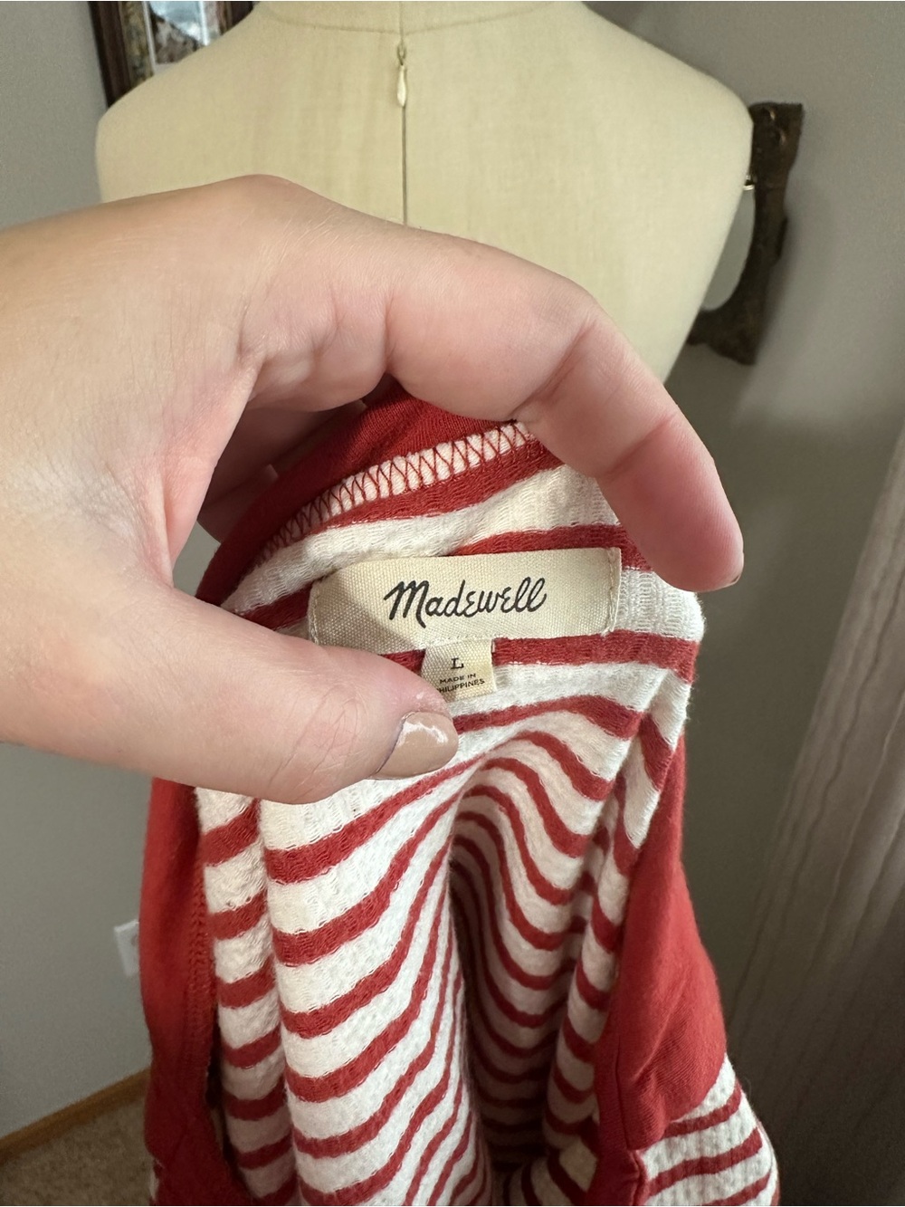Madewell Red and Cream Striped V-Neck Polo - Picture 4 of 7